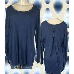 OSO Casuals XL Navy Blue Crew Neckline Cotton Tie Lace-Up Back Long Sleeve Tee